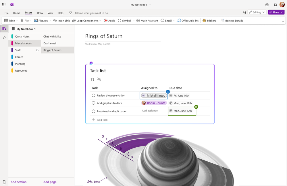 Adding a Microsoft Loop 'Task list' component onto a OneNote notebook page.