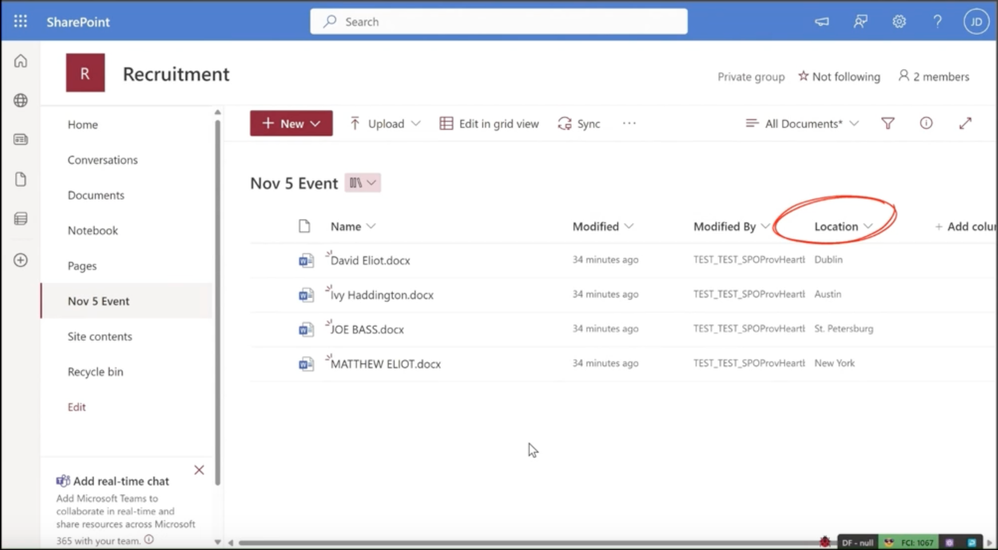 Example Taxonomy Tagging - the Location column auto-populates based on the term store within your tenant.